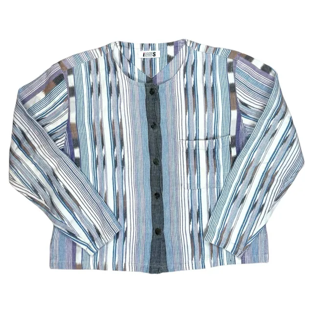 Vintage 90s Issey Miyake Collarless Striped Button-Up Shirt Boxy Cropped Fit